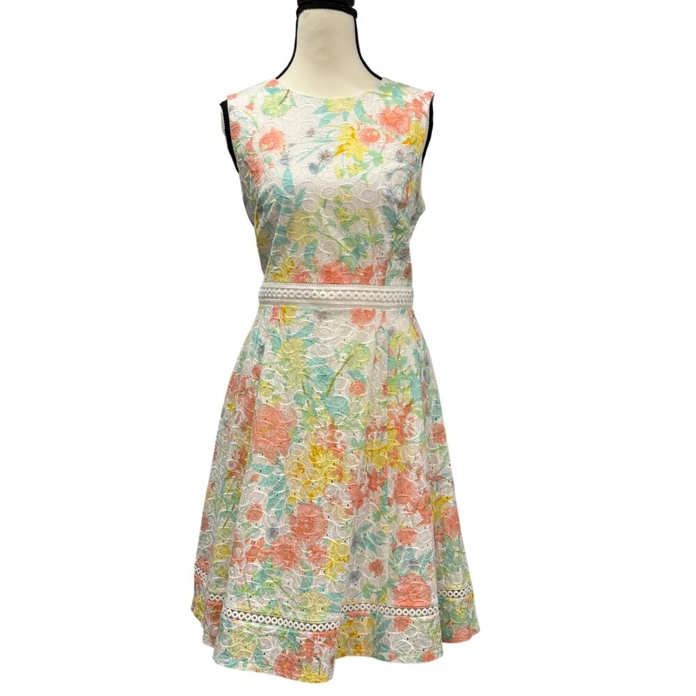 Calvin Klein Eyelet Dress Size 10 Floral Cotton Fit Flare Garden Lace Midi Party